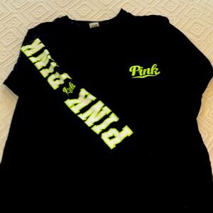 Pink long sleeve tee shirt, tshirt black with neon lime green. Size Large. L.